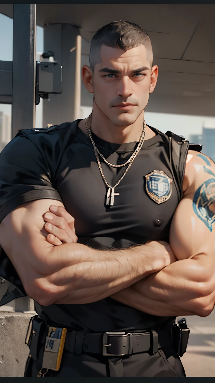 police, police officer, police officer uniform, jail, cops, daddy, old man, handsome old man, handsome male wearing police officer uniform, muscular, muscular arms, tattooed, tattooed arms, veiny, buzz cut, necklace, earrings, seductive smile, seductive, 8k, super detail, masterpiece, textured skin, best quality, 8k, realistic, super realistic, from below