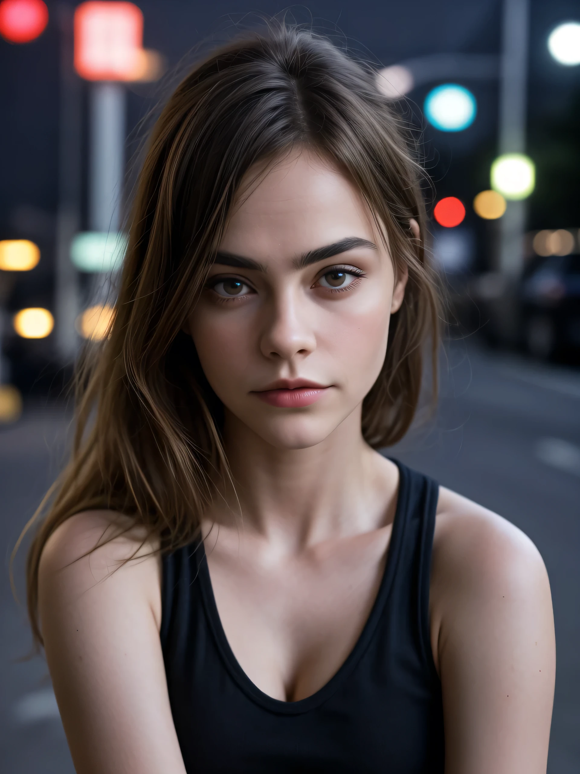 (Best quality, photorealistic, highres, reality, super realistic), upper body shot, A beautiful young girl who looking alike Cara Delevingne, wearing tank top, delicate face, smirk, (at night, resident zone), sidewalk, lights.