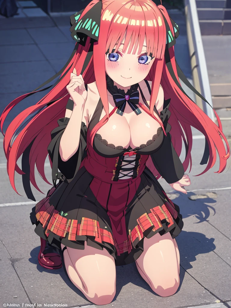 best quality, ultra-detailed masterpiece, anime art style, cute characters, nino nakano, breasts, blush, smile, full body,