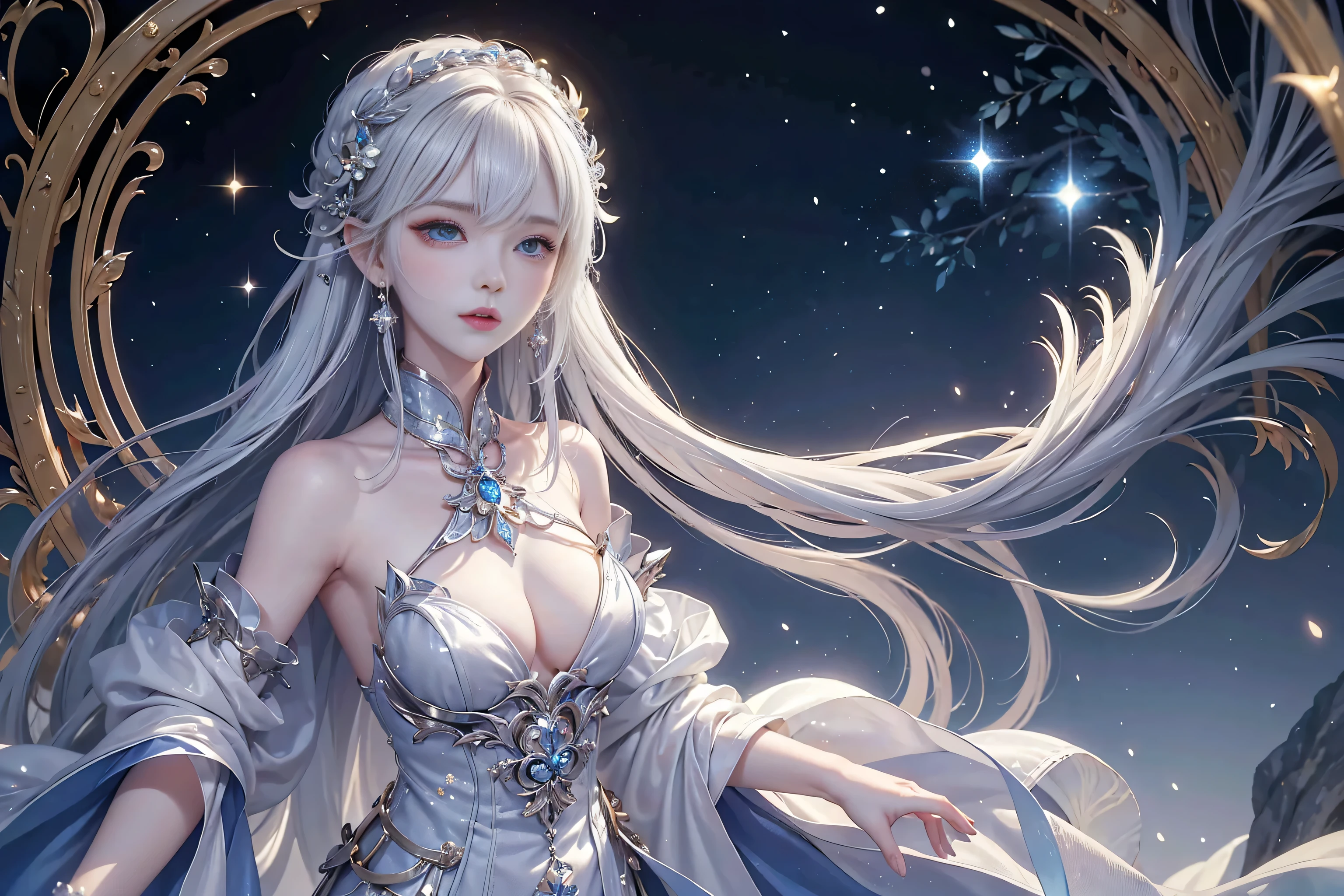 Night view,star,（White Haired Girl:1.5）,（（masterpiece））、（detailed：1.4）（close）、Top view、（Backlight）(A fantastic atmosphere、Ancient capital、Amazing beauty images,One Woman、white dust、Light and dance-like、Suspended particles), (Black Dress、Long dress with sleeves、Exposing shoulders、Off the shoulder)、（Gray hair that changes with light、length, Lustrous white hair、WHITE hair fluttering in the wind、Beautiful Bangs:1.3）、（Beautiful white and shining skin、Cheek gloss highlighter、Sexy and very beautiful and adorable face、The most beautiful face in the world、big, Sparkling blue eyes）、（Cute 25 year old girl、small beautiful breasts、Great cleavage and a tiny waist、Delicate shoulders、Perfect figure）Close-up image
