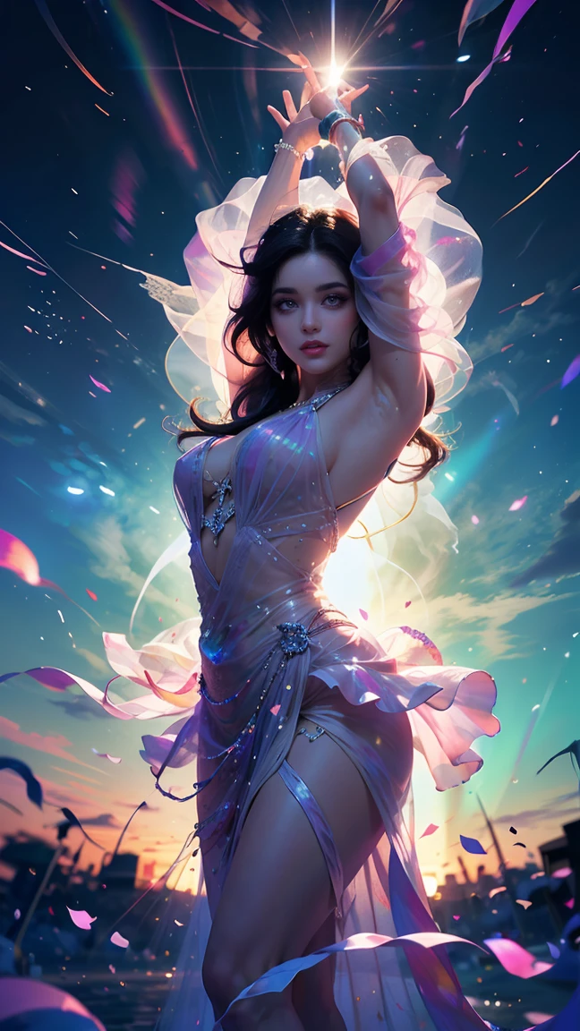 Una foto vista desde arriba, angulo picado, angulo cenital. ((Una mujer diosa de los arcoiris, viste un hermoso sexy vestido abierto con escote y adornos tornasol)), (Cabello arcoiris lacio y muy largo con brillo magico), con maquillaje que destaca su mirada magica, tocando un arcoiris con la mano derecha atravesando su bello velo, cuerpo esbelto y delicado, pechos grandes, tiene el arcoiris y un campo abierto que la iluminan con su luz, paisaje al atardecer. raytraced, viento, paisaje de arcoiris sobre la llanura en el atardecer (aesthetics and atmosphere:1.2), curisosa, apasionada, sonrisa magica, feliz, ojos brillantes tornasol,plano amplio, cuerpo completo, pose de bailarina. (foto cruda, mejor calidad), (realista, photo-realista:1.3), Obra maestra, un extremadamente perfecto y hermoso cuerpo, cuerpo palido extremadamente detallado, Best quality score, ultra dynamic high pose, close up, high view, arcoiris magico and field atmosphere, pose de bailarina.