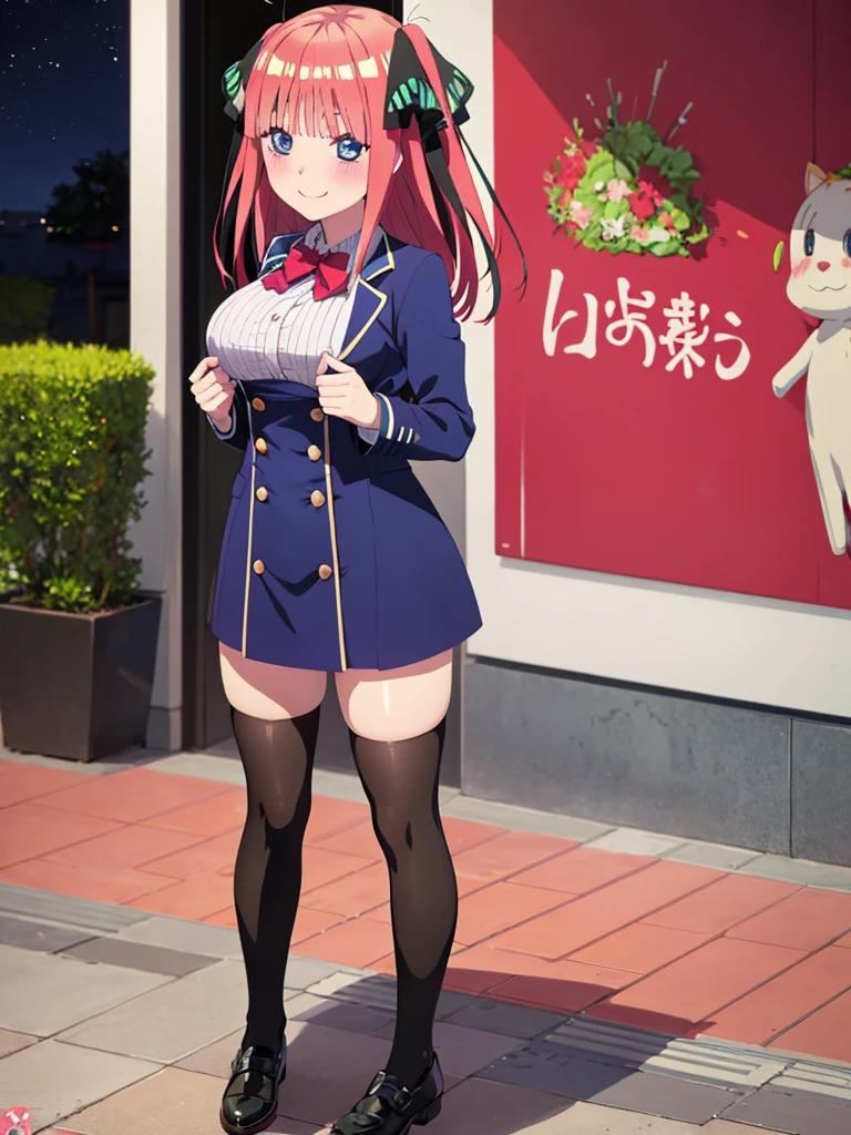 best quality, ultra-detailed masterpiece, anime art style, cute characters, nino nakano, breasts, blush, smile, full body, uniform