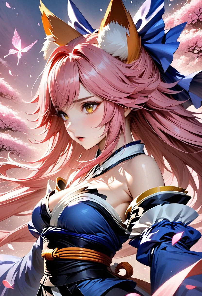 absurdres, highres, ultra detailed, HDR, master piece, best quality, Tamamo no mae, pink hair, expressive yellow eyes, fate extra , solo, woman, beautiful, blue clothes, pink butterflies, petals, pink flowers, magical, fantasy, glittering, pink background