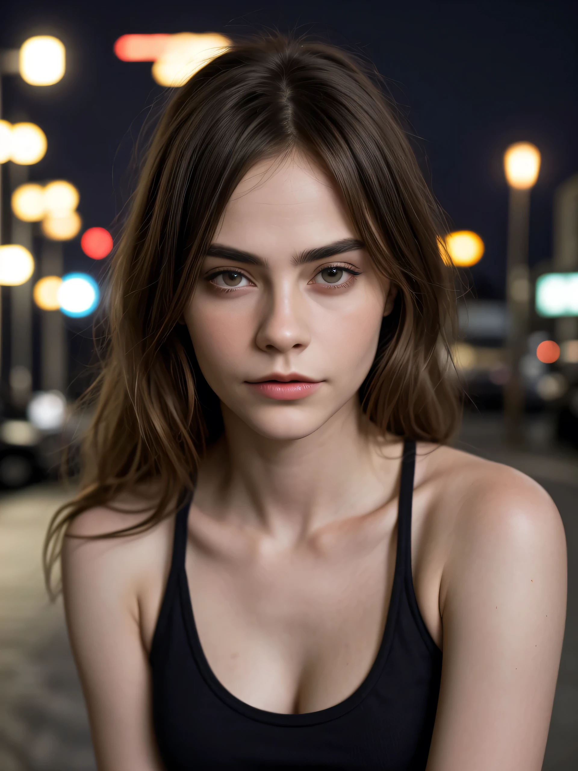 (Best quality, photorealistic, highres, reality, super realistic), half body shot, A beautiful young girl who looking alike Cara Delevingne, wearing tank top, delicate face, smirk, (at night, resident zone), sidewalk, lights.