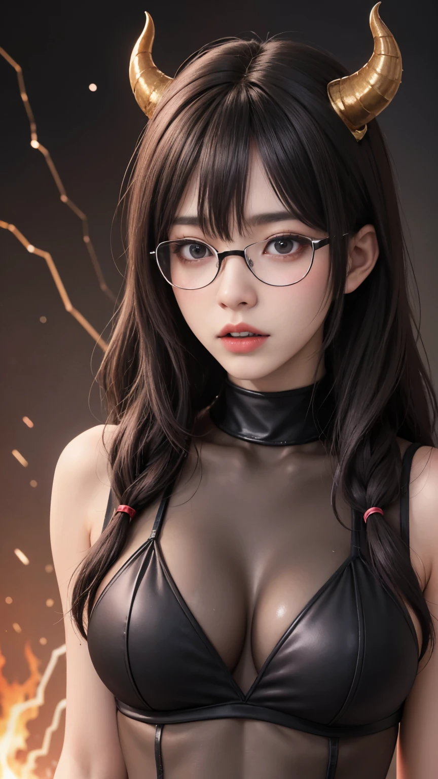 background（Black Night Sky，Big Moon），Close-up of a woman，Wearing a white shirt、((Black-rimmed glasses))、Purple Hair，Very long hair，very thick braids，Purple eyes，big ， realistic girl rendering, 8k artistic german bokeh, Enchanting girl, Realistic girl, Gurwitz, Gurwitz-style artwork, Girl Roleplay, Realistic 3D style, cgstation Popular Topics,, 8K Portrait Rendering,（truth，truth：1.4），Wear pink pajamas，巨big ，Sparkling eyes，Purple eyes、(highest quality,4K,8k,High resolution,masterpiece:1.2),Very detailed,(Realistic,photoRealistic,photo-Realistic:1.37),Mythical monster,Beast-like creature,Muscular,Six big legs,Stand like a gorilla,Red fur covering the body,two big horns,Drill teeth,Sharp Claws,Huge shape,Burning Fire Magic,Energy aura,A threatening presence,Glowing Eyes,Intimidating posture,Dark Environment,Smoke-filled air,Ominous Shadow,Majestic and fierce,Explosive power,Vibrant colors,bold,Horror art style,moving composition,Dramatic lighting,rib layer,large sharp teeth,Sharp Edges,Very detailedスケール,Burning Crack,Burning Flames,Furious expression,Burning with anger,Surrounded by sparks and embers