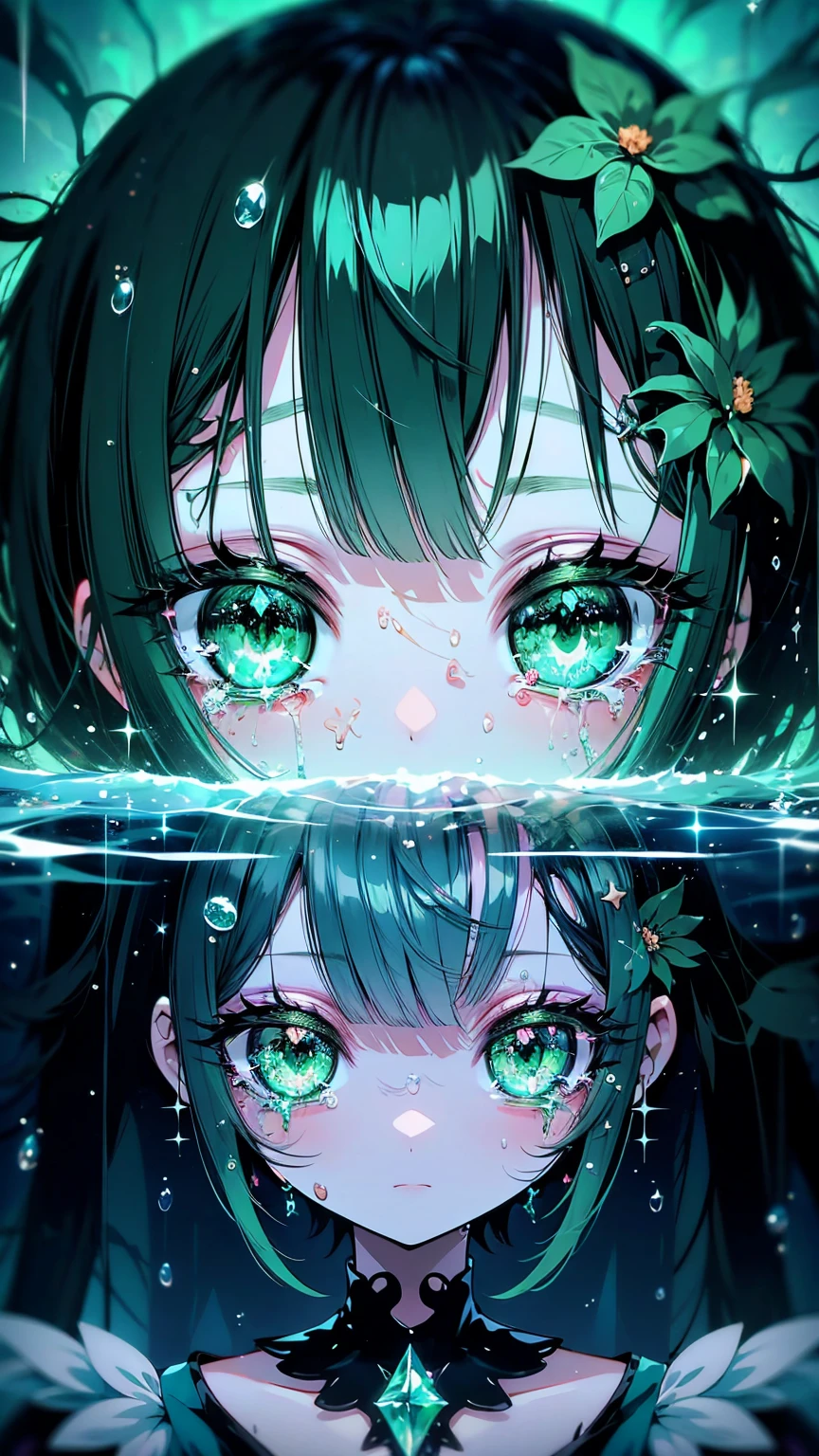 anime eyes with a green flower in the center, eye reflections, watery crystal glow eyed, wet reflections in eyes, eye reflection, wet relections in eyes, beautiful eye, tears dripping from the eyes, eye relections, sparkling eyes, watery eyes, wet eye relections, tears drip from the eyes, dreamy green eyes, sparkle in eyes, magical eyes