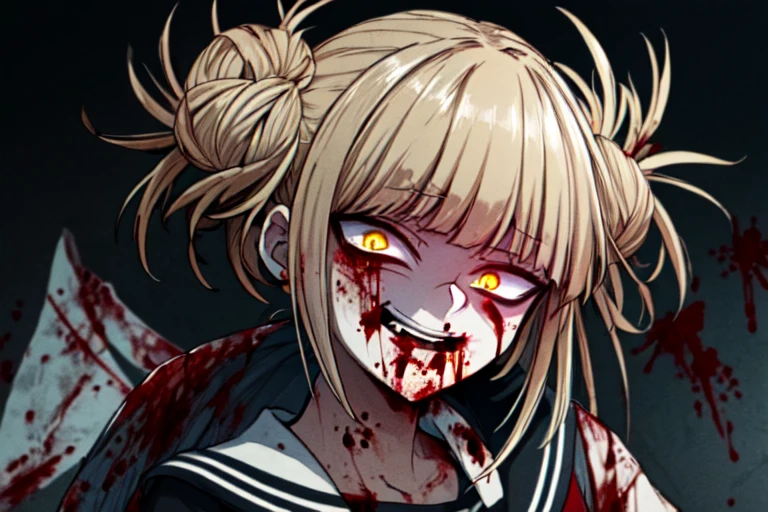 masterpiece,high quality,最high quality,4K,Very detailed,4K,Sharpen the focus,(face),head,Himiko Toga,Blonde Hair,Messy Hair,Yellow Eyes,(Glowing Eyes),(Blood splatter:1.7),Red light,笑face,big 笑face,tooth,psycho 笑face,ゲスface,Dark city background,darkness,night,(close),Good Eyes, good teeth,