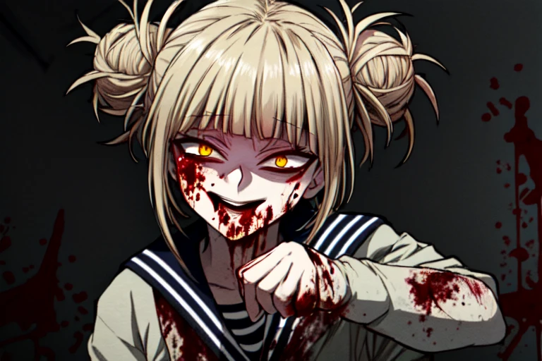 masterpiece,high quality,最high quality,4K,Very detailed,4K,Sharpen the focus,(face),head,Himiko Toga,Blonde Hair,Messy Hair,Yellow Eyes,(Glowing Eyes),(Blood splatter:1.7),Red light,笑face,big 笑face,tooth,psycho 笑face,ゲスface,Dark city background,darkness,night,(close),Good Eyes, good teeth,