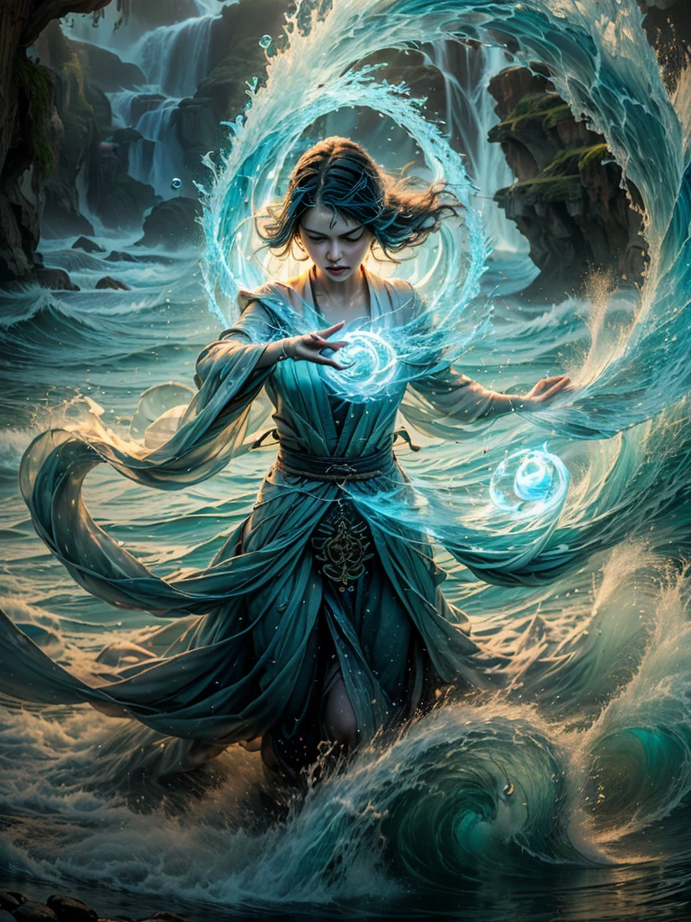 ((best quality)), ((masterpiece)), (detailed), (realistic), (official art), (extremely detailed CG unity 8k wallpaper), (water magic:1.2), (manipulating water:1.1), (elemental control:1.2), (graceful movements:1.1), (aquatic beauty:1.2), (mystical powers:1.2), (serene expression:1.1), (flowing tides:1.2), (sparkling droplets:1.2), (enchanted aura:1.1), (magical incantation:1.2), (rippling waves:1.2), (splendid water formations:1.1), (emerging from a water vortex:1.2), (resonating with nature:1.2), (commanding the elements:1.2), (translucent veil:1.1), (wisdom and power:1.2), (whirlpool of enchantment:1.2), (glowing water glyphs:1.1), (harmony with the sea:1.2), (mysterious origins:1.2), (harmonious balance:1.1), (serene strength:1.2), (spellbinding spectacle:1.2), (immersing in liquid magic:1.1), gorgeous woman [Elizabeth II:Maude Adams:0.45] (embracing her destiny:1.2)