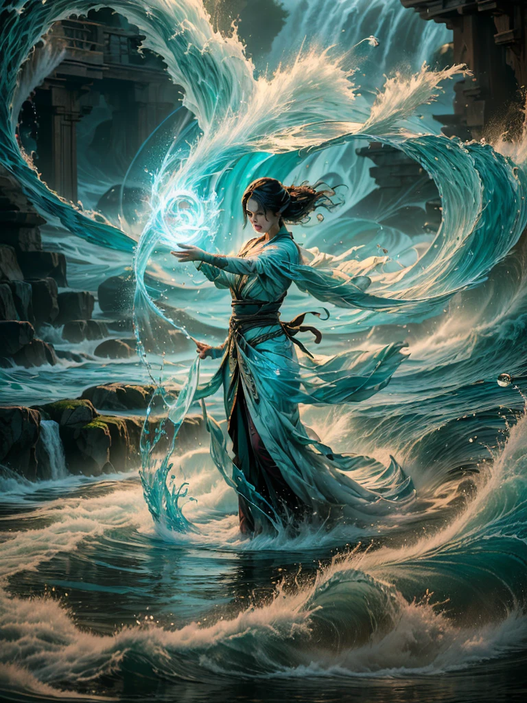 ((best quality)), ((masterpiece)), (detailed), (realistic), (official art), (extremely detailed CG unity 8k wallpaper), (water magic:1.2), (manipulating water:1.1), (elemental control:1.2), (graceful movements:1.1), (aquatic beauty:1.2), (mystical powers:1.2), (serene expression:1.1), (flowing tides:1.2), (sparkling droplets:1.2), (enchanted aura:1.1), (magical incantation:1.2), (rippling waves:1.2), (splendid water formations:1.1), (emerging from a water vortex:1.2), (resonating with nature:1.2), (commanding the elements:1.2), (translucent veil:1.1), (wisdom and power:1.2), (whirlpool of enchantment:1.2), (glowing water glyphs:1.1), (harmony with the sea:1.2), (mysterious origins:1.2), (harmonious balance:1.1), (serene strength:1.2), (spellbinding spectacle:1.2), (immersing in liquid magic:1.1), gorgeous woman [Elizabeth II:Maude Adams:0.45] (embracing her destiny:1.2)