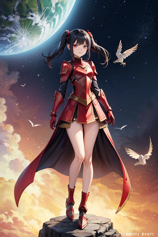 Anime drawings、Full body portrait、Space SF Armored Warrior、A standing woman, about 165cm tall, about 35 years old, wearing red armor、Smiling、Her hairstyle is short twin tails.、Black Hair、A small bird is perched on the right hand side、There are small birds flying around