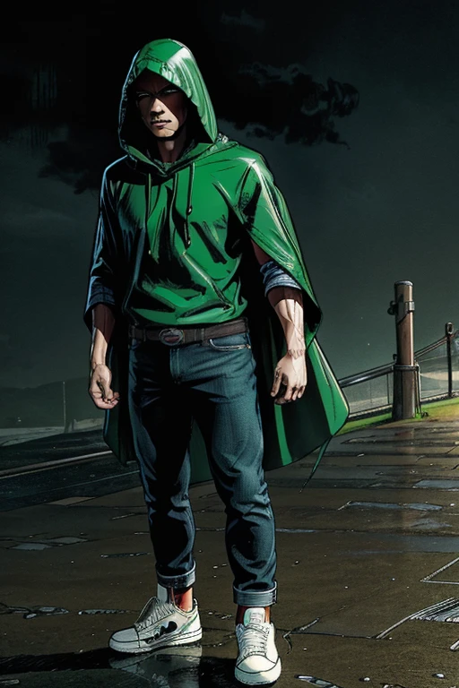 Man in Hooded poncho Raincoat Color: Green and darkened face cap and jeans and converse sneakers Heroic Presence Serious and strong pose Rolled-up sleeves