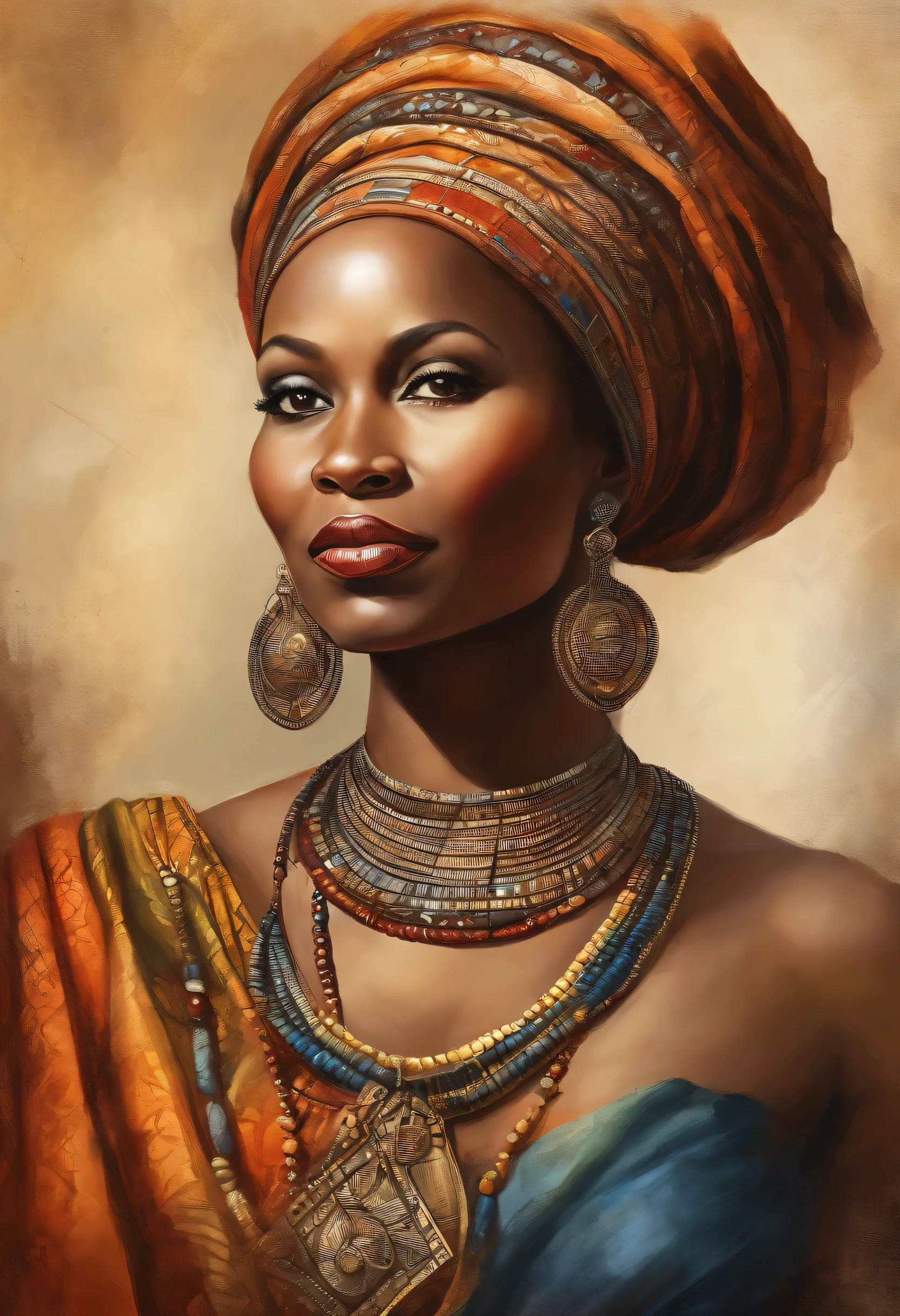 a beautiful queen african woman, 35 years old, with typical rich clothes, detailed portrait, oil painting, esplendid face, high quality, masterpiece, leonardo da vinci style, cinematic lighting, dramatic colors, chiaroscuro, photorealistic