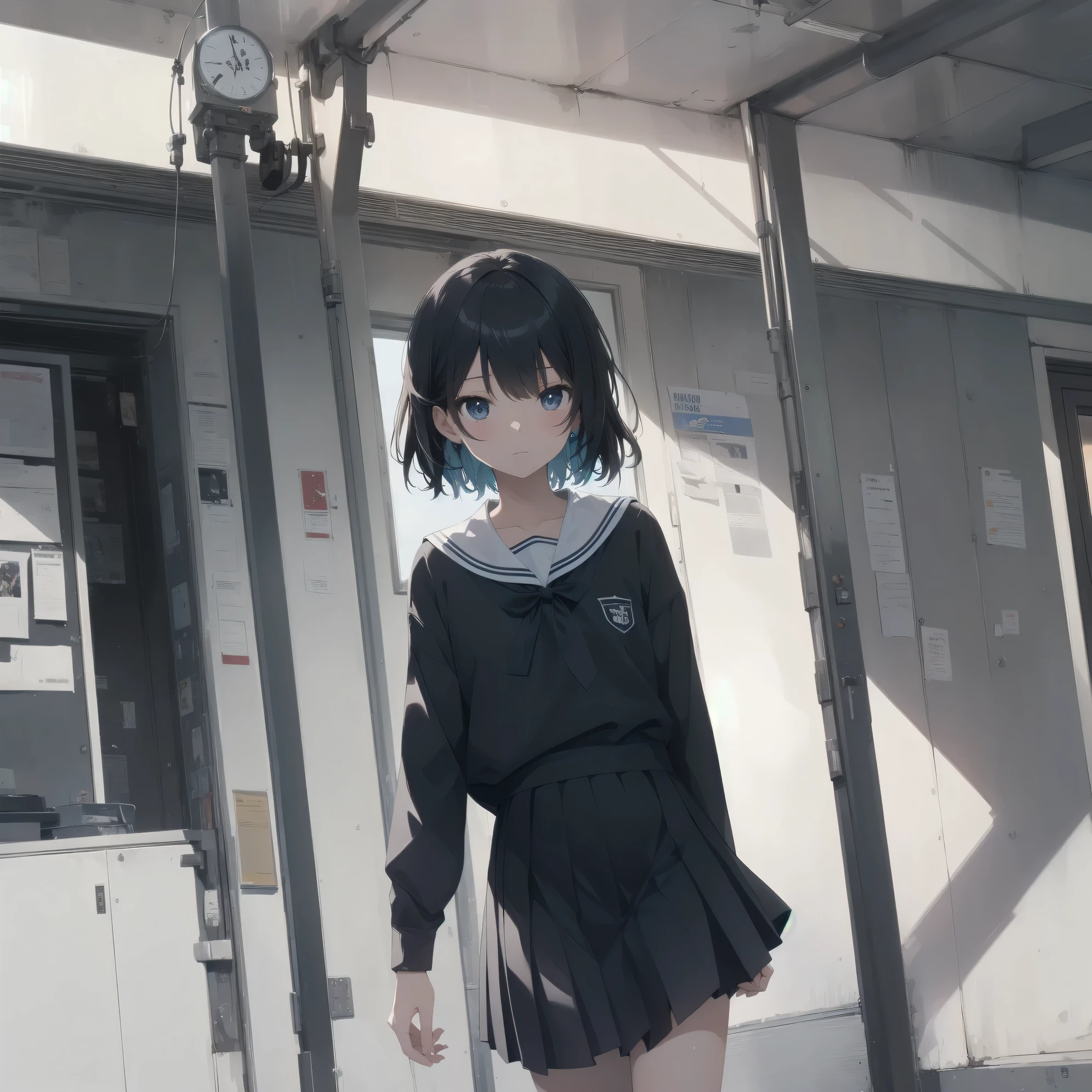 ultra-absurdres-Top quality by artist God, ultra-detailed, high resolution, anime moe artstyle, best anime 8k konachan wallpaper, pixiv contest winner, pool:2810, perfect anatomy,break, 1girl, (Please draw a girl walking sleepily to school alone. )break,(Solo,little female, 13-year-old:1.3),Full limbs, complete fingers,a junior high school student, (very short hair), short cut, flat chest, , small butt, small black eyes, beautiful detailed eyes, well-proportioned iris and pupils, expressive eyes, highres detailed hair, soft expression, salor school_uniform, sailor collar, serahuku, bow, pleated skirt,(Detailed Lighting), (Detailed background), in the School commute route. break,super detailed skin, Best cinematic lighting powered by famous artist, 8k,beauty illustration,photoshop_(medium),very aesthetic,break,((artist:yua_(checkmate) )), artist:clamp ,artist:carnelian ,artist:kantoku ,