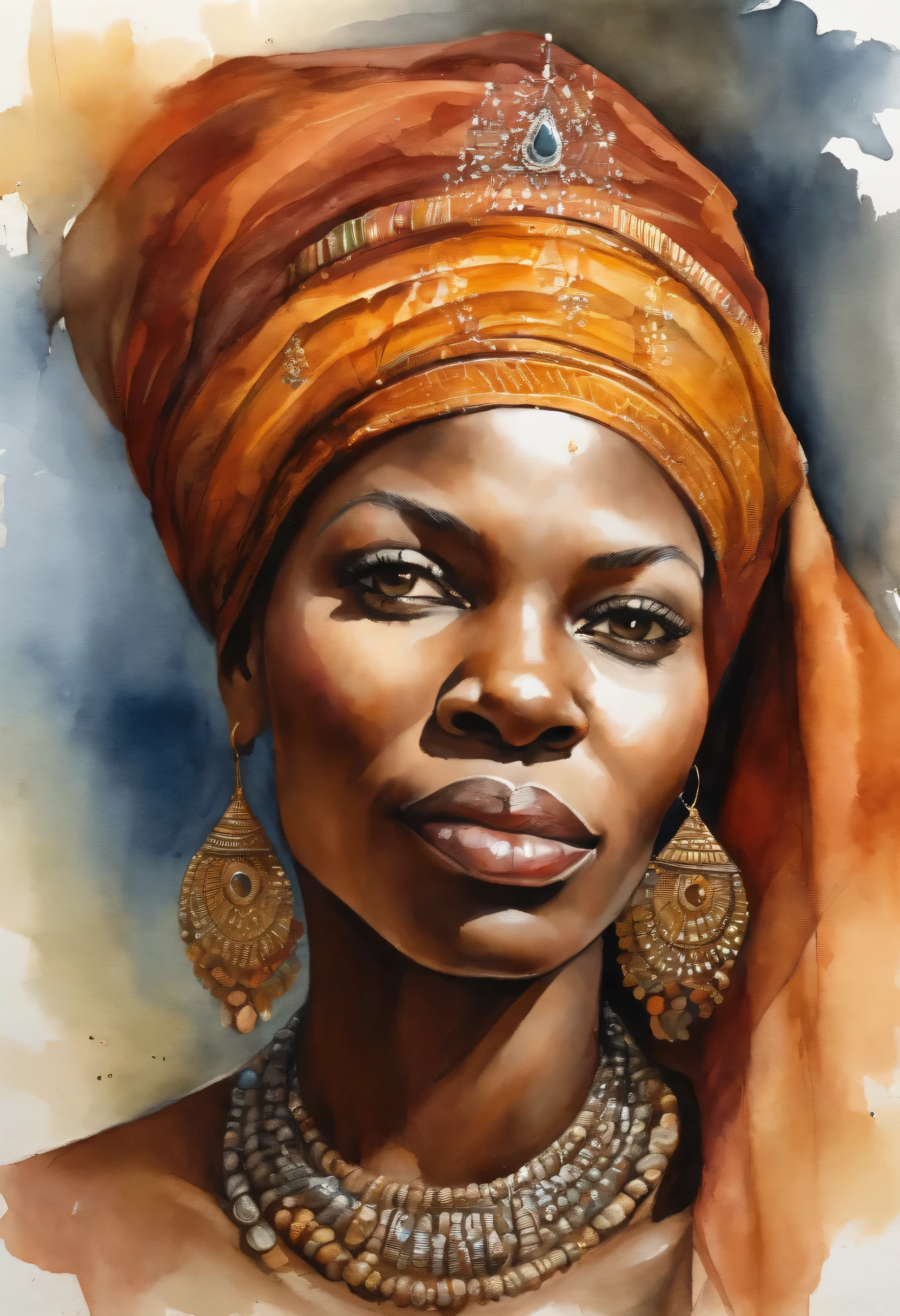a beautiful queen african woman, 35 years old, with typical rich clothes, detailed portrait, oil painting, esplendid face, high quality, masterpiece, leonardo da vinci style, cinematic lighting, dramatic colors, chiaroscuro, photorealistic