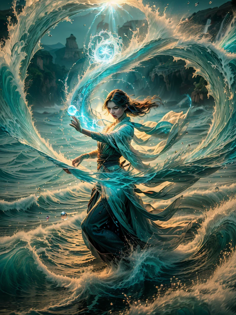 ((best quality)), ((masterpiece)), (detailed), (realistic), (official art), (extremely detailed CG unity 8k wallpaper), (water magic:1.2), (manipulating water:1.1), (elemental control:1.2), (graceful movements:1.1), (aquatic beauty:1.2), (mystical powers:1.2), (serene expression:1.1), (flowing tides:1.2), (sparkling droplets:1.2), (enchanted aura:1.1), (magical incantation:1.2), (rippling waves:1.2), (splendid water formations:1.1), (emerging from a water vortex:1.2), (resonating with nature:1.2), (commanding the elements:1.2), (translucent veil:1.1), (wisdom and power:1.2), (whirlpool of enchantment:1.2), (glowing water glyphs:1.1), (harmony with the sea:1.2), (mysterious origins:1.2), (harmonious balance:1.1), (serene strength:1.2), (spellbinding spectacle:1.2), (immersing in liquid magic:1.1), gorgeous woman [Elizabeth II:Maude Adams:0.45] (embracing her destiny:1.2)