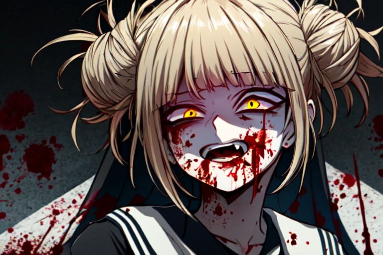 masterpiece,high quality,最high quality,4K,Very detailed,4K,Sharpen the focus,(face),head,Himiko Toga,Blonde Hair,Messy Hair,Yellow Eyes,(Glowing Eyes),(Blood splatter:1.7),Red light,笑face,big 笑face,tooth,psycho 笑face,ゲスface,Dark city background,darkness,night,(close),Good Eyes, good teeth,