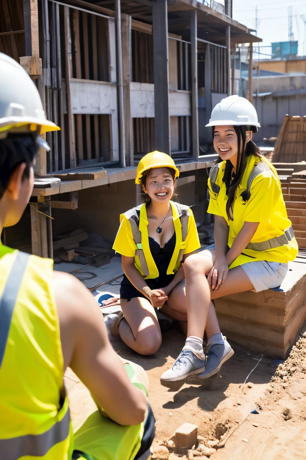 A 20-year-old girl with a very cute face like an idol.、Gentle and cute、A kind smile、Building construction site、Sitting rest、He is talking to the male worker sitting next to him.、Yellow Helmet、Work clothes、Cleavage、She is in underwear、She is in underwear、Around her3People workers are sitting、whole body、RAW Photos、Genuine、Genuine、High resolution、Genuine Life