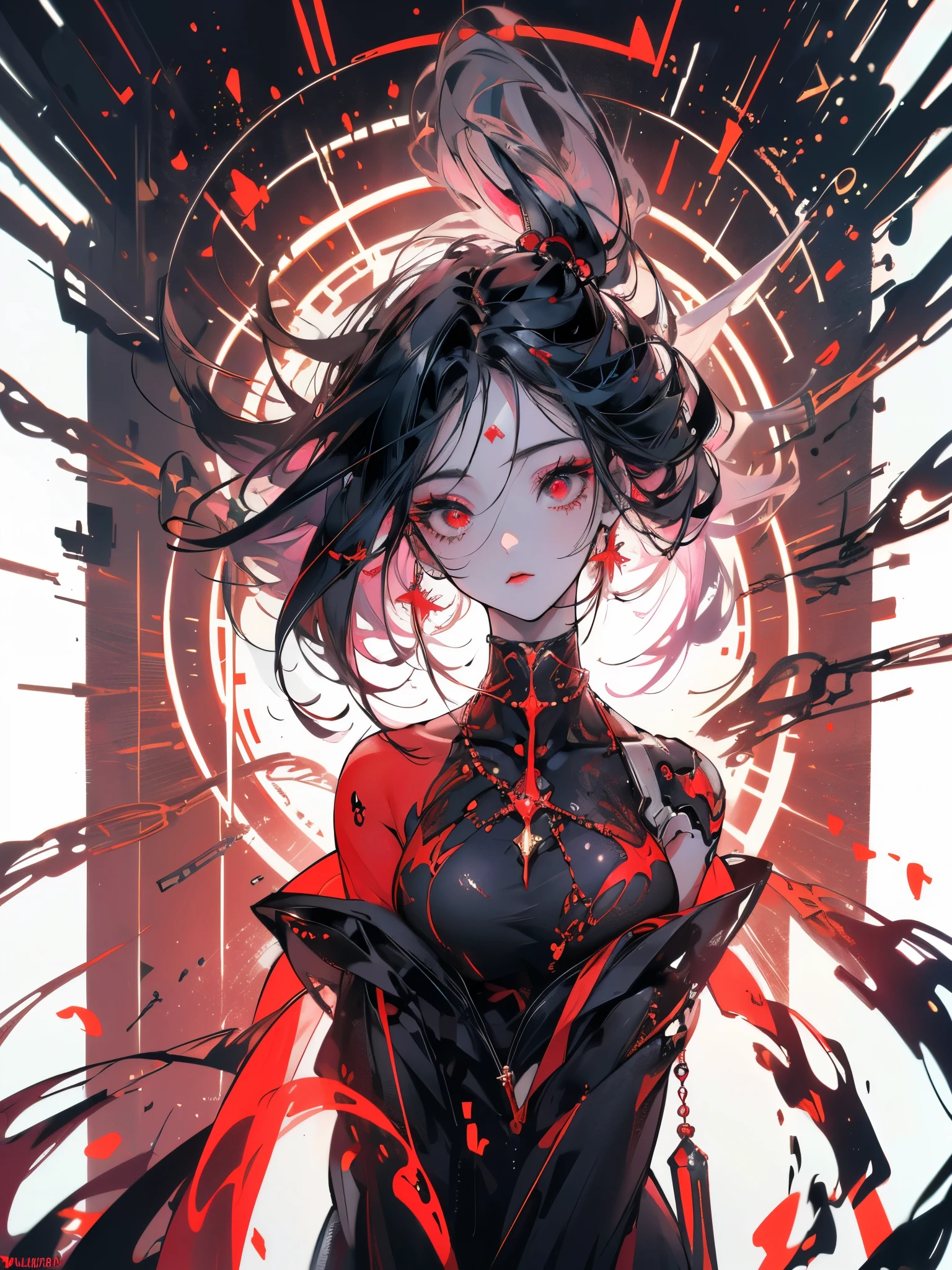 8K, escuro_fantasia, rosto delicado, (pupila de vidro delicada: 1.5), standing full body portrait, preto de um olho, vermelho em um olho, 1 pessoa, mechanical miracle, Robot Presence