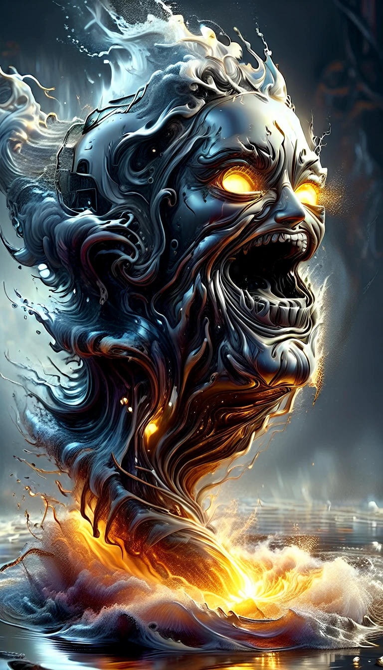 metal brillante, a metal liquid container spilling out and forming a face, artistic image, masterpiece, HD, 8k, cinematic lighting, highly detailed, photorealistic, dramatic shadows, intricate details, moody atmosphere, dynamic composition, complex textures, seamless blending, glossy surfaces, gleaming metal, molten flow, liquid metal face, striking contrasts, surreal and dreamlike, hyper-realistic, complex color palette, precise brushwork