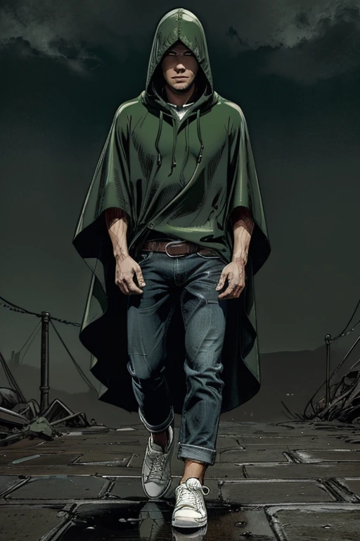 Man in Hooded poncho poncho Raincoat Color: Green and darkened face cap and jeans and converse sneakers Heroic Presence Serious and strong pose Rolled-up sleeves