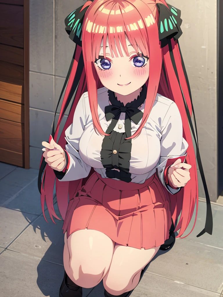best quality, insanely detailed, nino nakano, breasts, blush, outdoor background, bare-shoulder, looking at viewer, garter strap, a black ribbon, stockings, pussy, smile, lingerie garterbelt