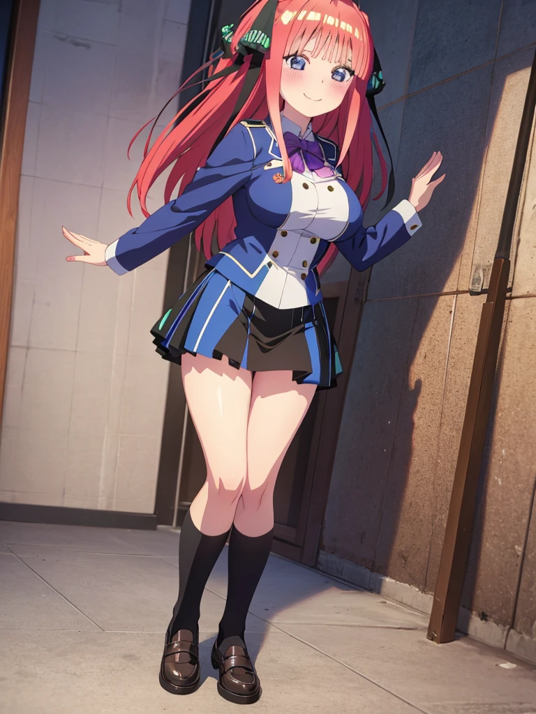 best quality, ultra-detailed masterpiece, anime art style, cute characters, nino nakano, breasts, blush, smile, full body, uniform