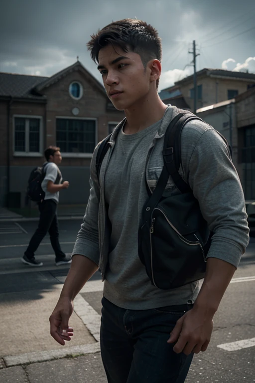 muscular age boy, , walking to school, walking with friend, unhappy expression, detailed face, detailed eyes, detailed nose, detailed lips, 1boy, realistic, photorealistic, HDR, 8K, hyper detailed, highly detailed, masterpiece, cinematic lighting, dramatic lighting, moody lighting, dramatic atmosphere, muted color palette, cool color tones, cinematic composition, rule of thirds, dynamic pose