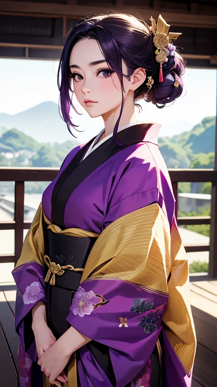 (4K, masterpiece, highest quality, Realistic), 1girl, Japanese princess, Black Eyes, Purple hair, Exquisite Kimono Wiith Gold, Feudal Japan Palace Background