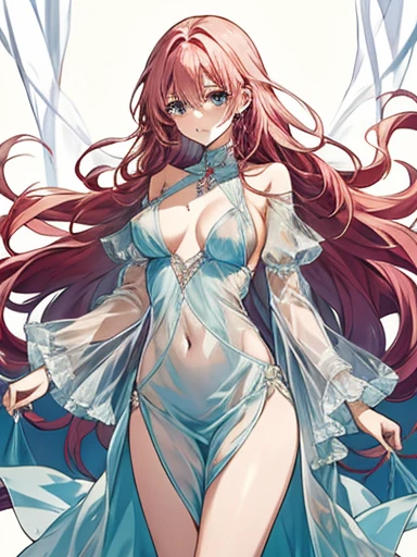 Beautiful slim perfect body、Very long pink hair、Cool look、systemic manifestationedium chest、See-through nipples、Light blue see-through dress、Beautiful thighs exposed、Pitch Black Hell、Dark fantasy