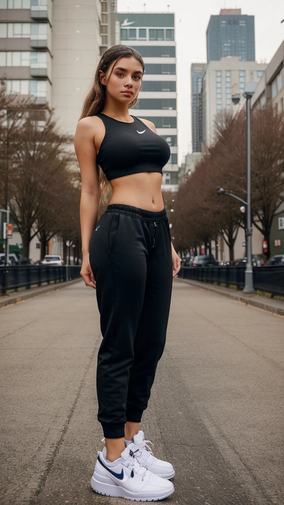 a beautiful young woman, 21 years old, with a perfect face and body, wearing black jogger pants, a cropped top, and Nike sneakers, standing in an urban setting, with large breasts and a large butt, (1 girl)