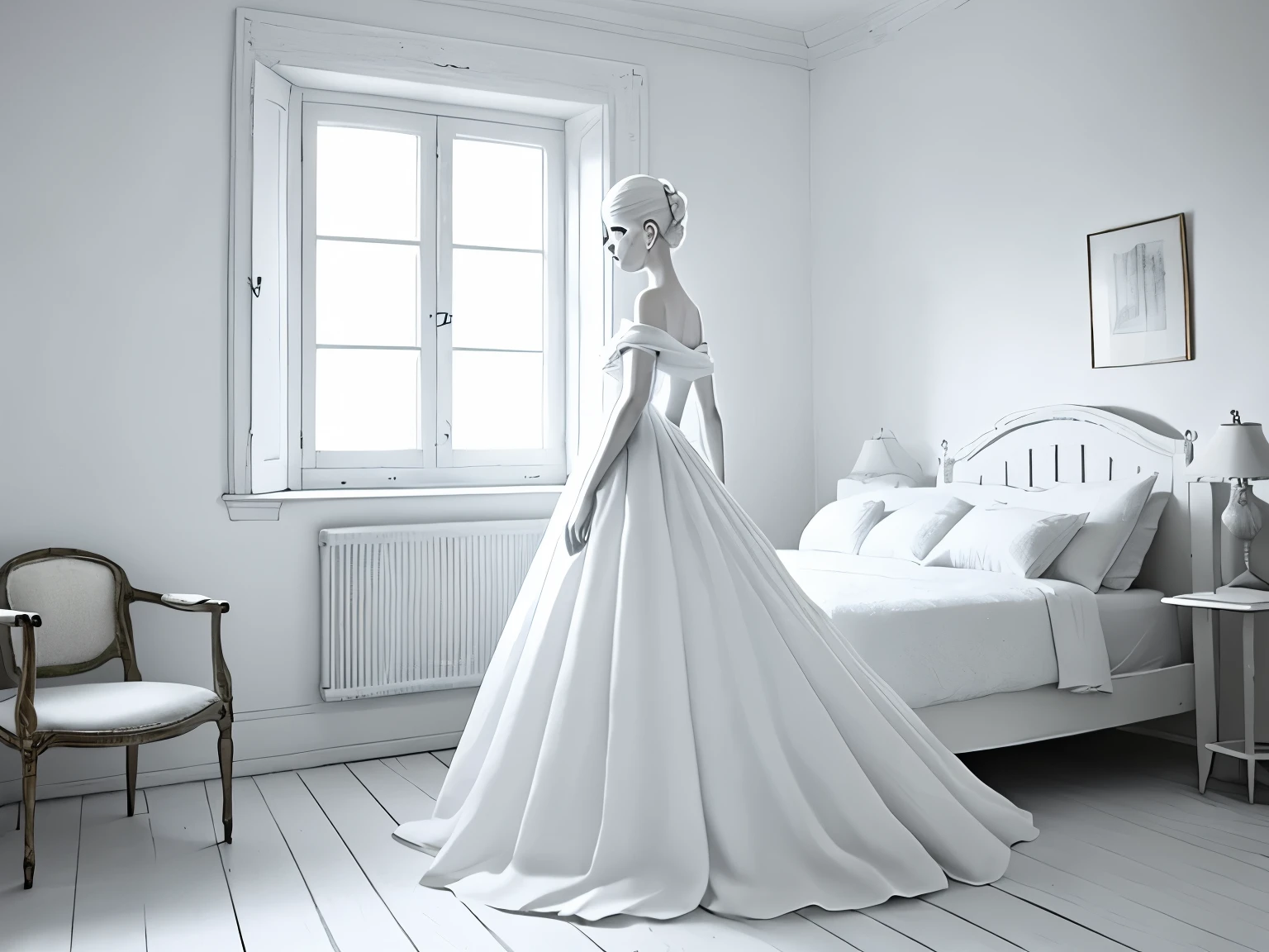 beautiful BJD, shot from behind, looking back, The ball-jointed doll is modeled after a 20-year-old woman, life size BJD, BJD made of pure white glazed ceramics, upper body, mechanical BJD, A fantastic and aesthetic image, The big crystal eyes are empty, pure white french twist hair, a thin and haggard face, pure white off shoulder dress, slender limbs, inside an old nordic house, Fantastic pale moonlight, beautiful artwork, Best Quality,
