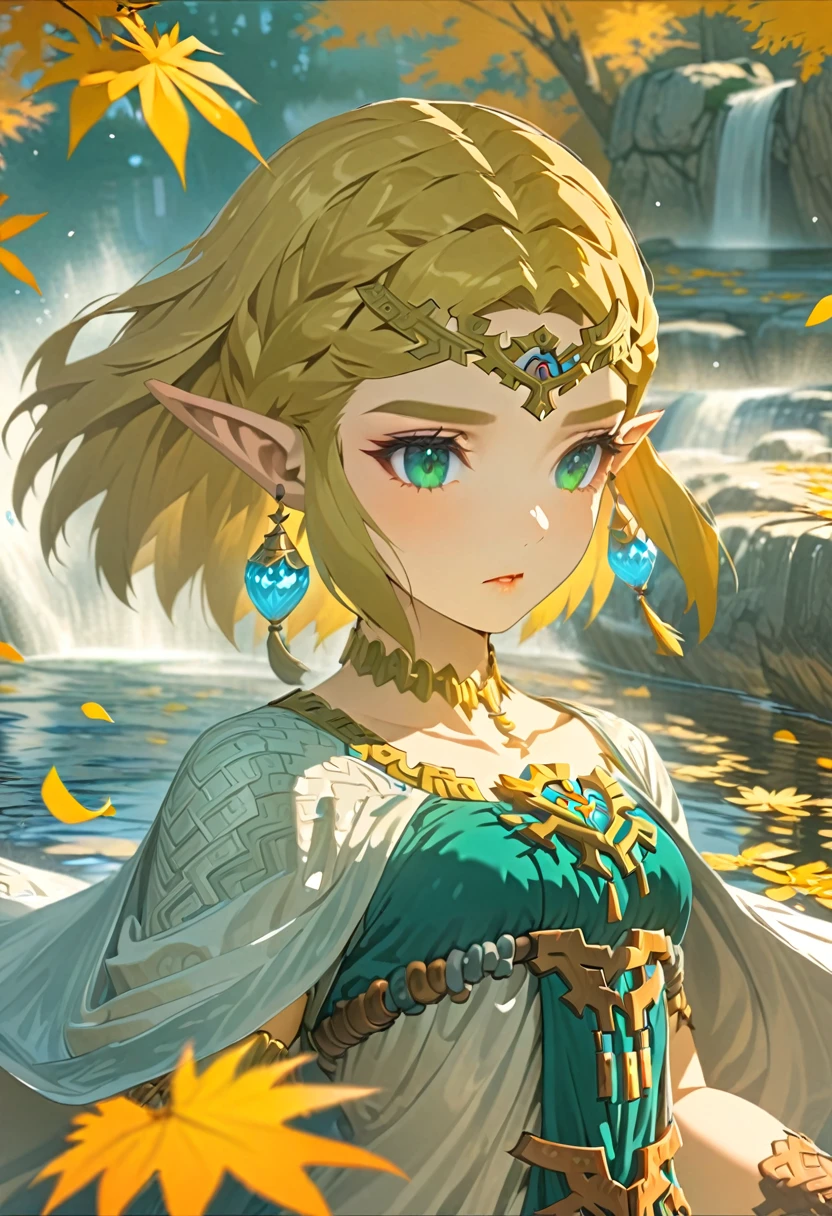 Ultra detailed, highres, absurdres, HDR, Princess Zelda, blond short hair, expressive green eyes, The Legend Of Zelda, water, autumn, petals, orange and yellow leaves, woman, solo, extremely beautiful, very detailed face and eyes, white long dress with patterns, pointy ears, orange background, fantasy, magical,