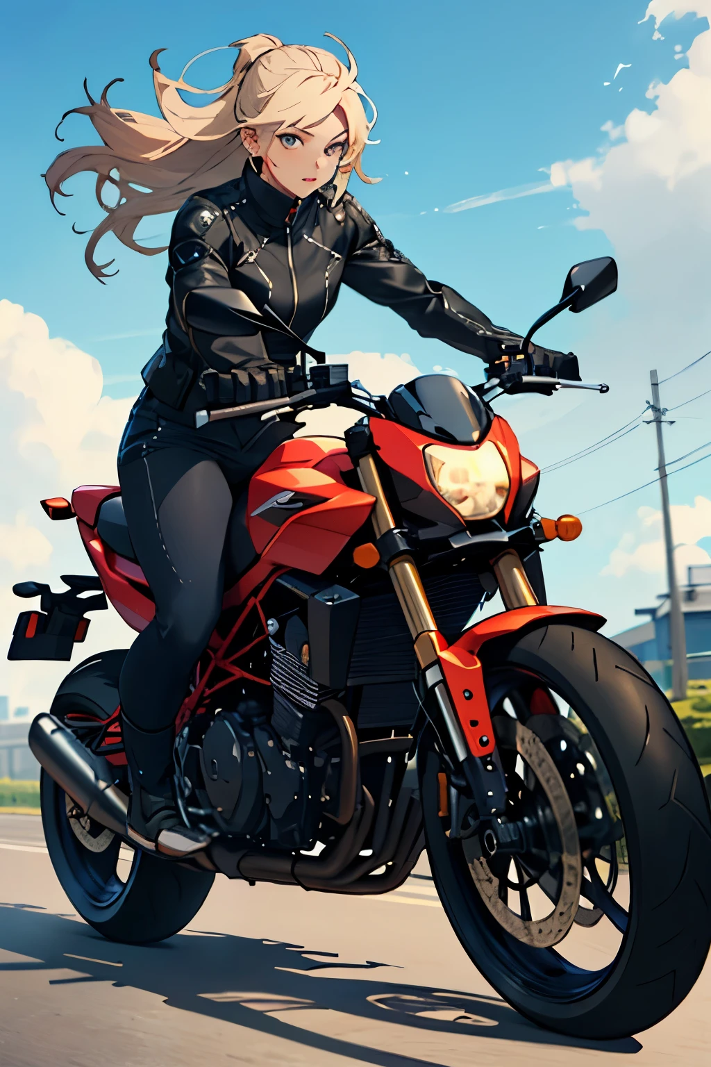 ((best quality)), ((masterpiece)), (extremely detailed), perfect face, anime, woman riding on black motorcycle