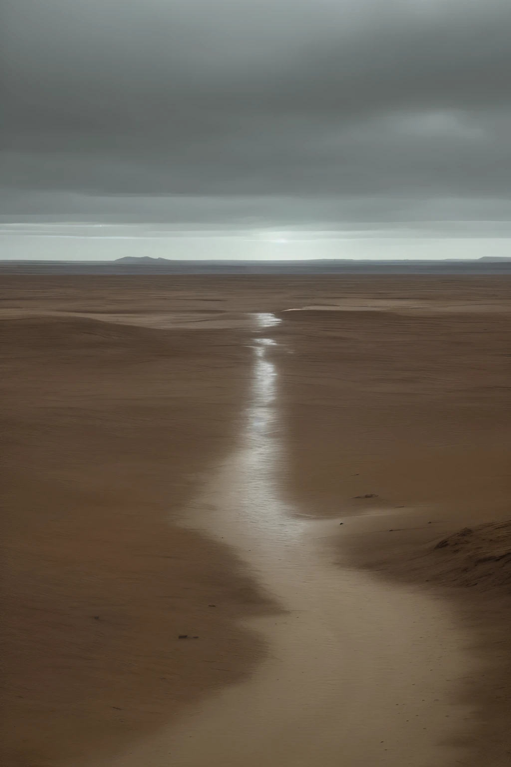 Landscape of a "desert" with sparse vegetation, rendered in a dreary palette by the constant, melancholic drizzle that casts a veil over the barren expanse. The sky above is a tumultuous symphony of gray and white, with ominous clouds looming, sometimes releasing their burden in showers, creating ephemeral mirages and pools of mud. Despite the inhospitable conditions, an eerie tranquility pervades the scene, broken only by the distant echoes of wind howling through the desolate landscape.