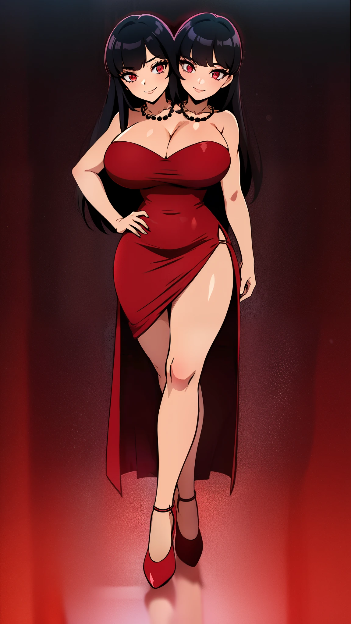 (16K), ((two headed woman)), smiling, highres, masterpiece, ((black hair)), cleavage, (( red dress:1.5)), lustrous and smooth skin, huge breasts, (mature woman), seductive silhouette, casual dress, sexy proportions, Beautiful girl with accentuated slender abs, seductive woman, ((party background)), necklace, body con dress, strapless, sleeveless, pink eyes, long hair, ((gala))