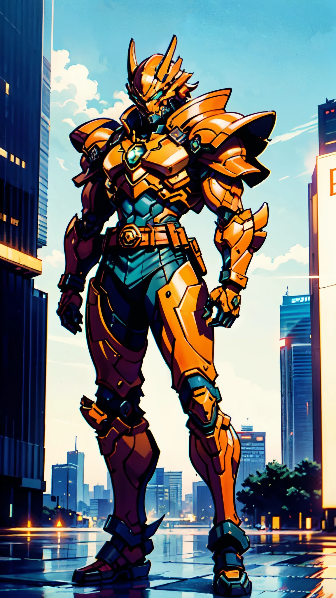 A man wearing a full-face helmet, a fantasy-style biotech armored combat suit, green eyes, (a composite layered chest armor), fully enclosed shoulder guards, matching arm and leg guards, the belt is adorned with 666 mark, (the color scheme is primarily red with yellow and white accents), the design balances heavy with agility, a high-tech bio-mecha armor, (Armor Concept Inspired by Demon, stand on the top of a skyscraper in a futuristic sci-fi city), this character embodies a finely crafted fantasy-surreal style armored hero in anime style, exquisite and mature manga art style, (battle damage, element, plasma, energy, the armor glows), ((male:1.5)), metallic, real texture material, dramatic, high definition, best quality, highres, ultra-detailed, ultra-fine painting, extremely delicate, professional, perfect body proportions, golden ratio, anatomically correct, symmetrical face, extremely detailed eyes and face, high quality eyes, creativity, RAW photo, UHD, 32k, Natural light, cinematic lighting, masterpiece-anatomy-perfect, masterpiece:1.5