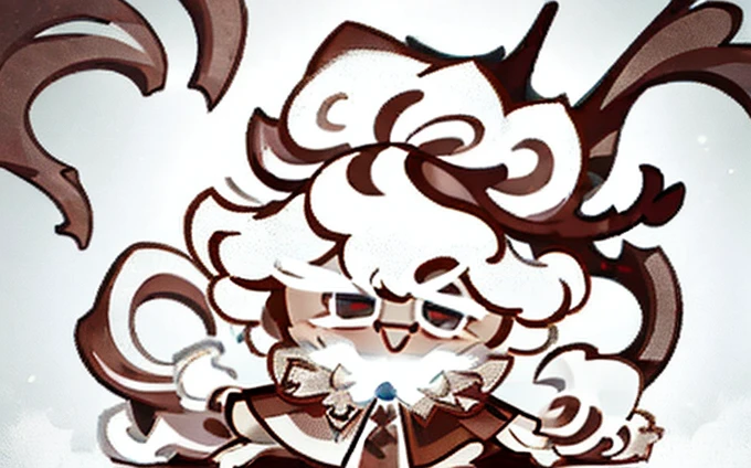 Haw Flakes Cookie, White Hair, short hair, Shaggy mullet, crown, no nose, Brown Cloak, White Straitjacket, Evil Rage And bigger extra ultra Happy, Surrealism, Realism, Cookie Run Style