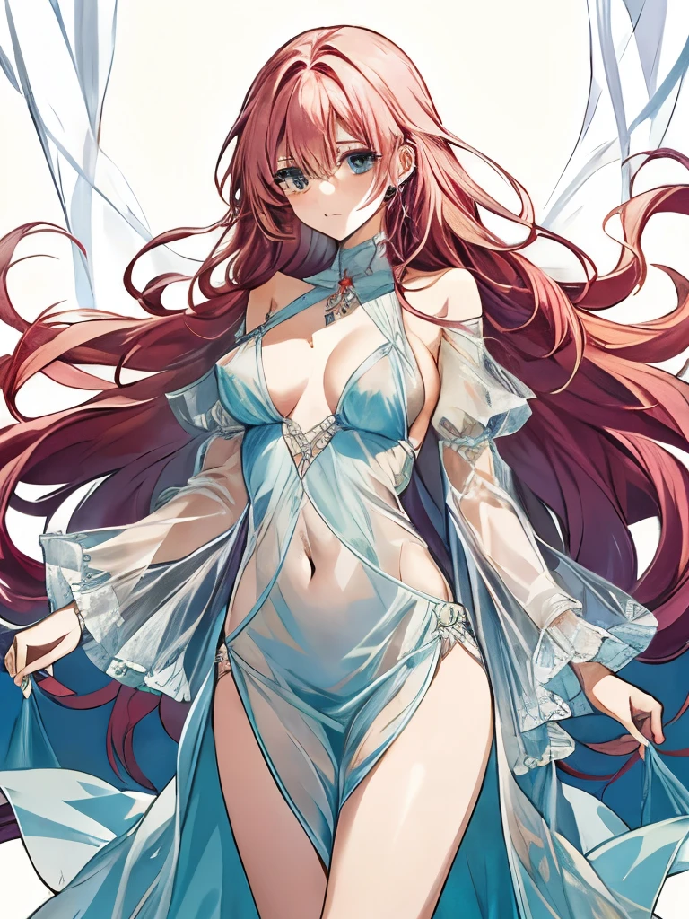 Beautiful slim perfect body、Very long pink hair、Cool look、systemic manifestationedium chest、See-through nipples、Light blue see-through dress、Beautiful thighs exposed、Pitch Black Hell、Dark fantasy