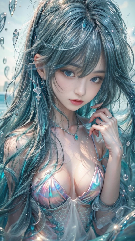 (RAW shooting, Dynamic flow of water waves:1.2, 32k:1.5, highest quality, masterpiece, Ultra-high resolution), (Sea of night:0.7, moonlight:0.7, Mystical Expressions:1.3, Expressions of sadness:1.0), Fractal Art:1.3, Perfect dynamic composition:1.3, 非常にdetailedな肌と顔の質感:1.3, (Slim Mermaid:1.3, Mermaid tail), Looking up at the viewer, Fair skin:1.2, Incredibly slim body:1.2,Very beautiful face:1.1, Water droplets on the skin, detailed, (Rain drips down on my body:0.9, Wet body:0.9, Wet Hair:1.0), (Posing Pro:0.9, With a wet bouquet:0.9, Gorgeous iridescent mermaid dress portrait:1.1, Woven Belt), Shapely breasts, (Big eyes that exude beautiful eroticism:0.5, Lips that exude beautiful eroticism:0.5), Totally captivates you, Very sweet atmosphere, necklace, Earrings, bracelet