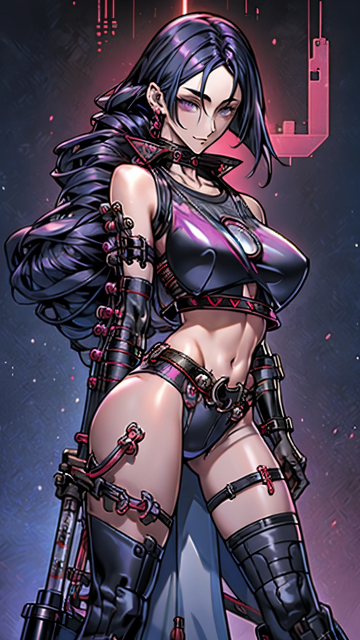 a futurista female warrior holding a katana, (pele finamente detalhada), pale skin, (in a deep neckline highly detailed sexy futurista cyberpunk black crop top and underpants made of circuit boards, palavras japonesas com efeito de reflexo, beautiful epic composition, futurista, obra de arte, atraente, posando para uma foto