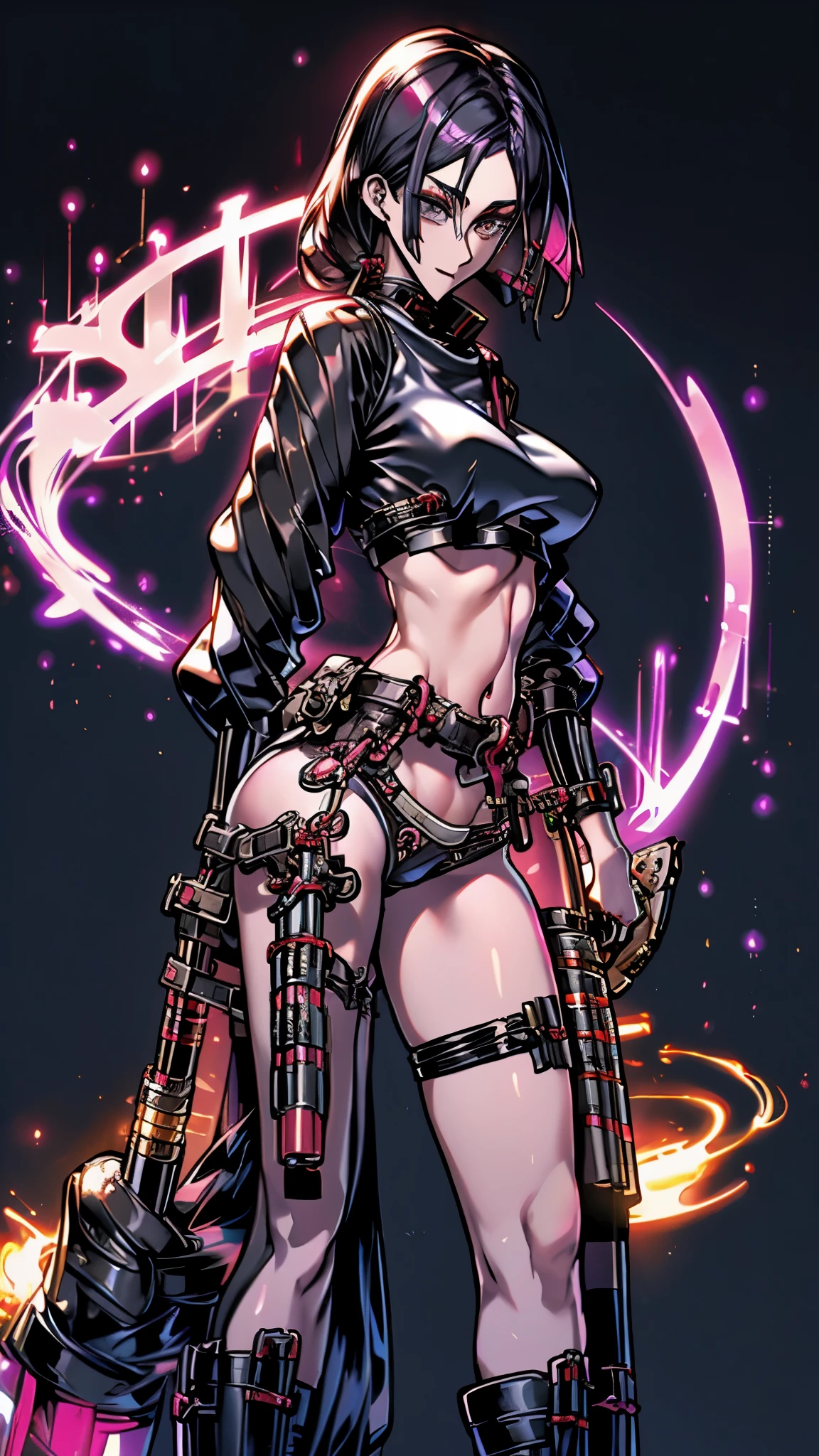 a futurista female warrior holding a katana, (pele finamente detalhada), pale skin, (in a deep neckline highly detailed sexy futurista cyberpunk black crop top and underpants made of circuit boards, palavras japonesas com efeito de reflexo, beautiful epic composition, futurista, obra de arte, atraente, posando para uma foto