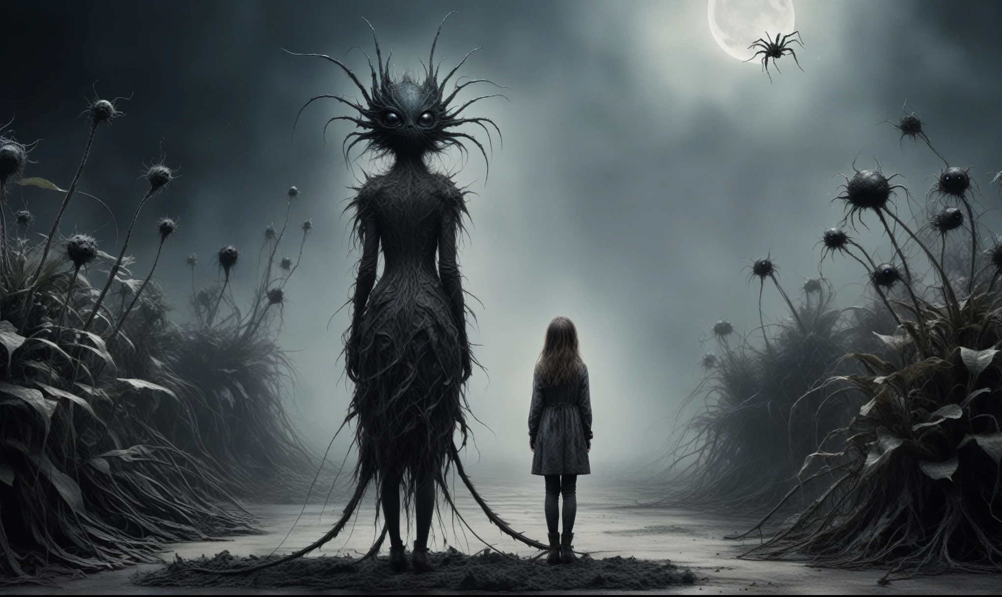 Quentin Blake Style Photography - Surreal、1、hight resolution、Beautiful fece、top-quality、masterpiece、ighly detailed,full body length,once pretty,full body,bailong plant girl made of dead plants,a girl made of charcoal plants,charcoal The Alien Entity,ominous landscape, niobium graphite atmosphere,dangerous atmosphere,intricate details,realistic graphite skin,extremely intricate details,Epic Realistic,At night, light shone on her,anatomically correct,eyes extremely detailed, high detailed eyes,UHD,Retina,HDR,Technicolor,natural skin textures, hyper realism, hyper detailed,High contrast,Realism,Ultra Detailed,irina yermolova,close full body shot, masterpiece,faded,8k resolution,RAW, Nikon Z9,pixie,nicola samori,ominous dragon wing,spider