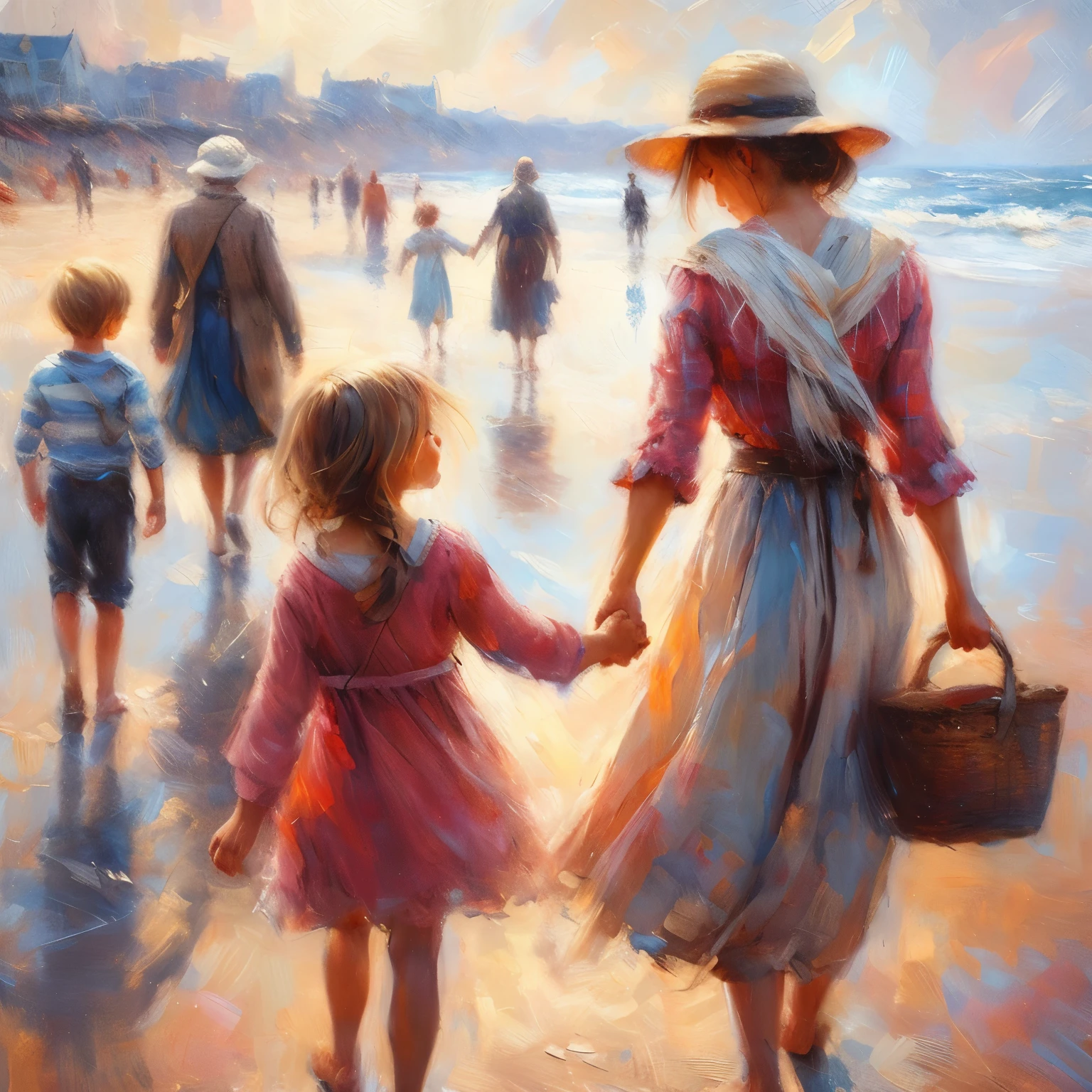 Young woman holding little girls hand, small boy in the background turning away, farther still in the background is the Grandmother perhaps walking towards camera, other beach combers in the far distance can be seen, impressionism, oil on canvas, 24k resolution, abstract artistic flare
