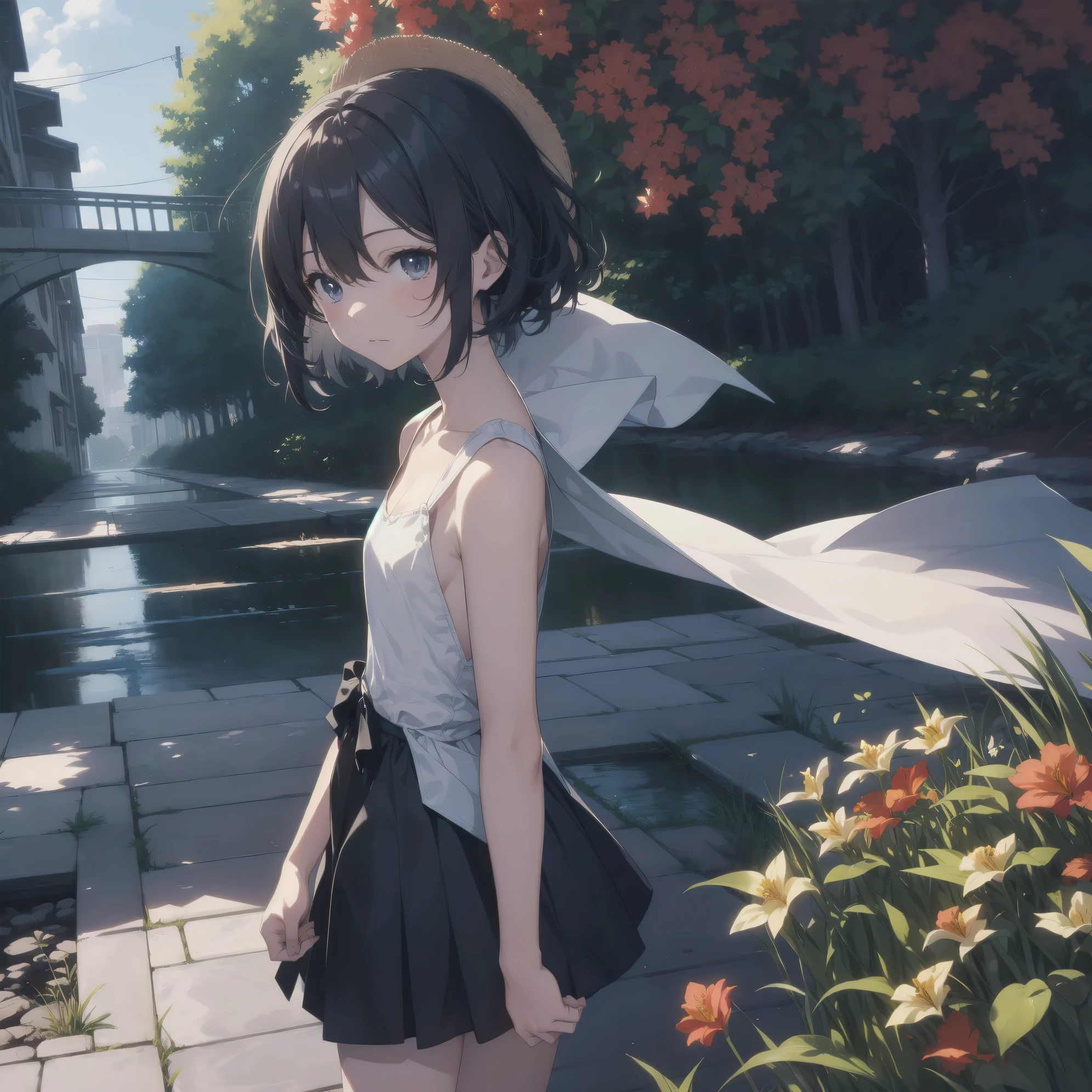 ultra-absurdres-Top quality by artist God, ultra-detailed, high resolution, anime moe artstyle, best anime 8k konachan wallpaper, pixiv contest winner, pool:2810, perfect anatomy,break, 1girl, (Please draw a girl walking grass alone. )break,(Solo,little female, 11-year-old:1.3),Full limbs, complete fingers, (very short hair,straw hat), flat chest, , small butt, small black eyes, beautiful detailed eyes, well-proportioned iris and pupils, expressive eyes, highres detailed hair, soft expression, sleeveless dress, sundress, (Detailed Lighting), (Detailed background), outdoors, summer, in the meadows route. break,super detailed skin, Best cinematic lighting powered by famous artist, 8k,beauty illustration,photoshop_(medium),very aesthetic,break,((artist:yua_(checkmate) )), artist:clamp ,artist:carnelian ,artist:kantoku ,