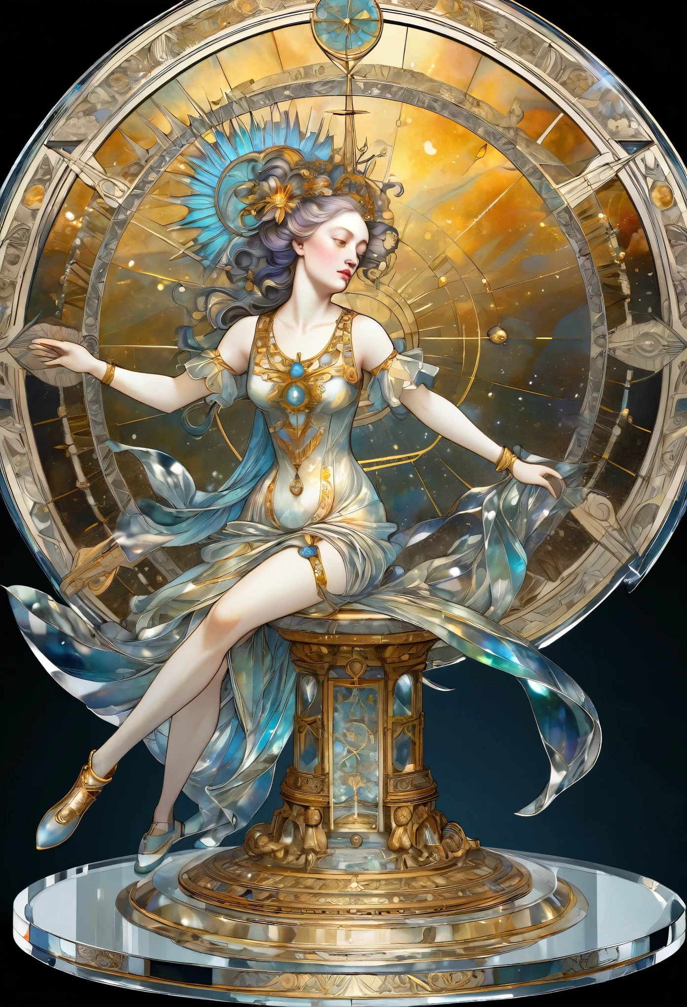 best quality, super fine, 16k, incredibly absurdres, extremely detailed, delicate and dynamic, huge and mysterious sundial object made of crystal in the Northern Renaissance style, beside which beautiful woman with updo hair, lots of tattoos, iridescent colors, gold dust, striking image effects, artwork