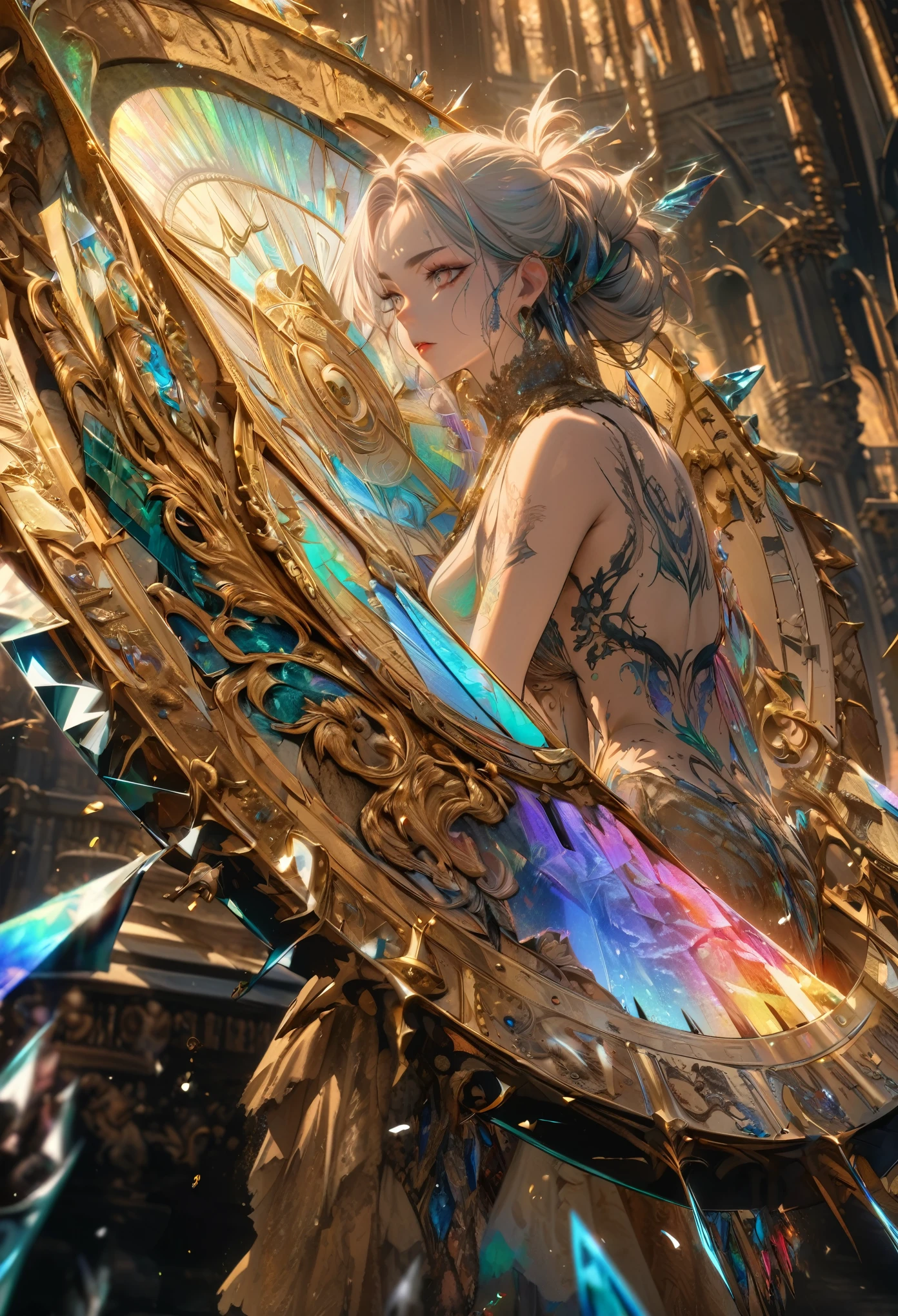 best quality, super fine, 16k, incredibly absurdres, extremely detailed, delicate and dynamic, huge and mysterious sundial object made of crystal in the Northern Renaissance style, beside which beautiful woman with updo hair, lots of tattoos, iridescent colors, gold dust, striking image effects, artwork