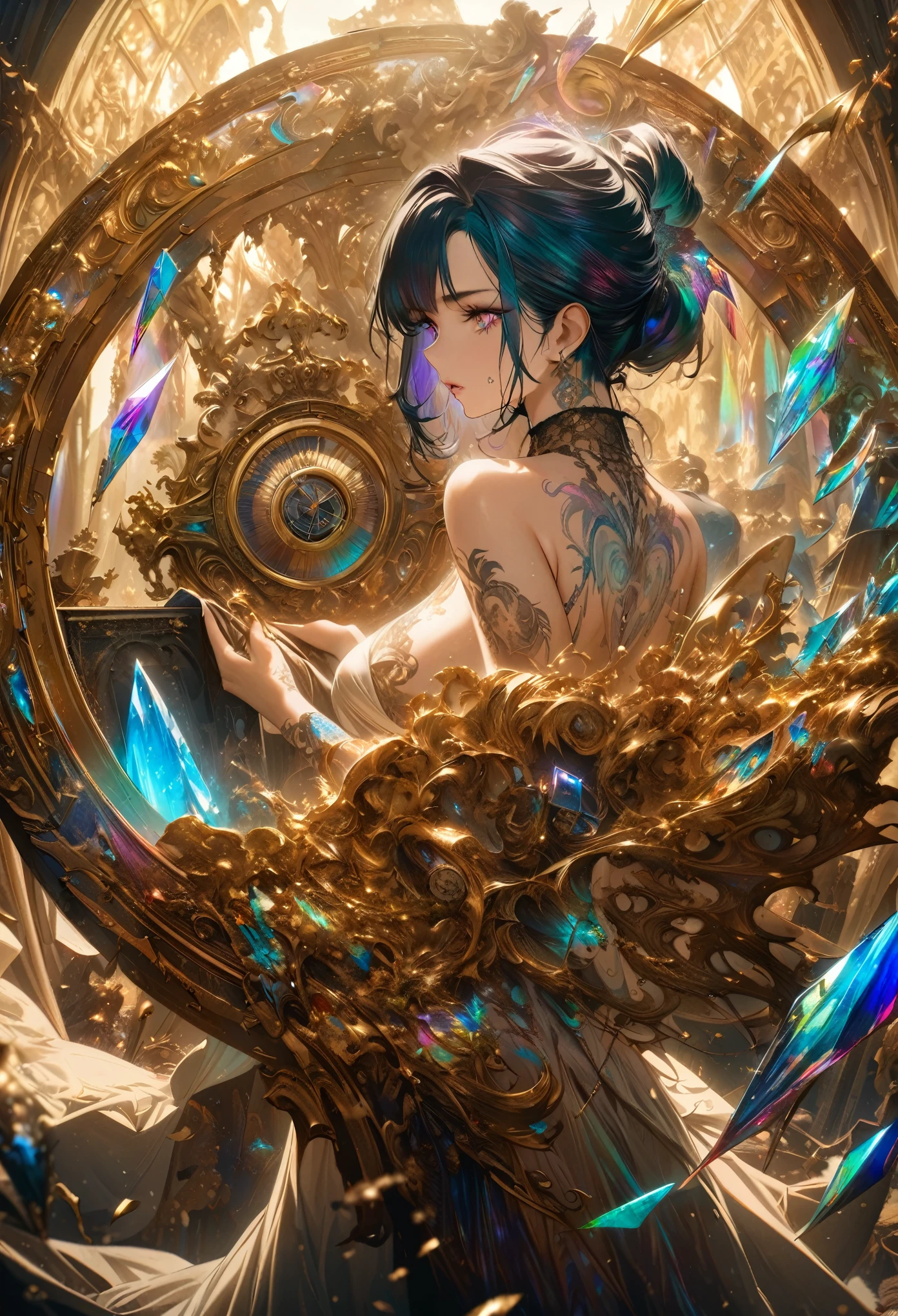 best quality, super fine, 16k, incredibly absurdres, extremely detailed, delicate and dynamic, huge and mysterious sundial object made of crystal in the Northern Renaissance style, beside which beautiful woman with updo hair, lots of tattoos, iridescent colors, gold dust, striking image effects, artwork