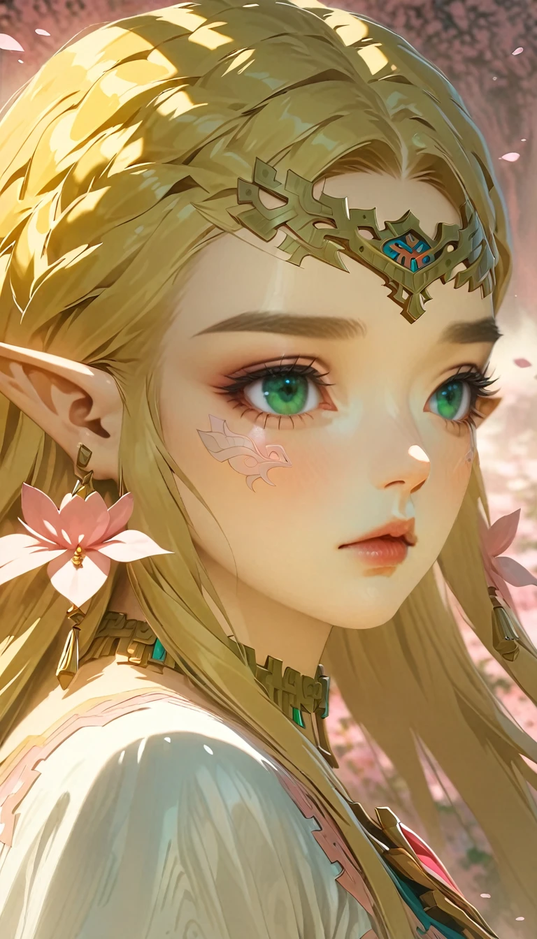 Ultra detailed, highres, absurdres, HDR, Princess Zelda, blond short hair, expressive green eyes, The Legend Of Zelda, pink petals, pink flowers, woman, solo, extremely beautiful, very detailed face and eyes, white long dress with patterns, pointy ears, pink background, fantasy, magical, realistic face,