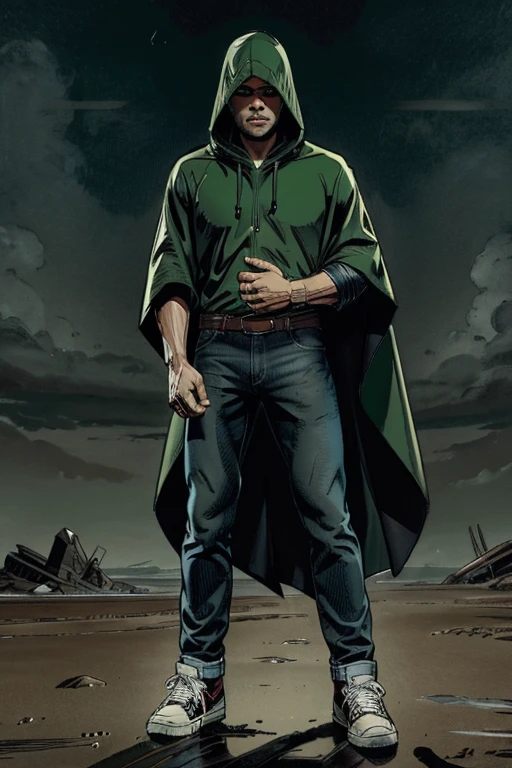 Man in Hooded poncho poncho Raincoat Color: Green and darkened face cap and jeans and converse sneakers Heroic Presence Serious and strong pose Rolled-up sleeves 